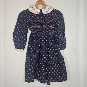 VTG Polly Flinders Girls 8 Dress Smocked Navy Blue Floral Cotton Long Sleeve 80s